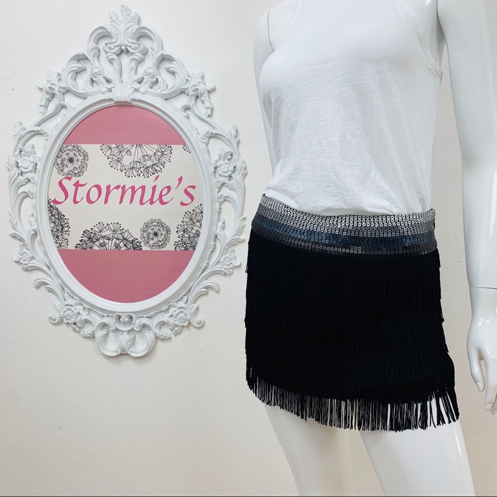 bebe / Black Sequin Fringe Mini Skirt - Picture 2 of 7